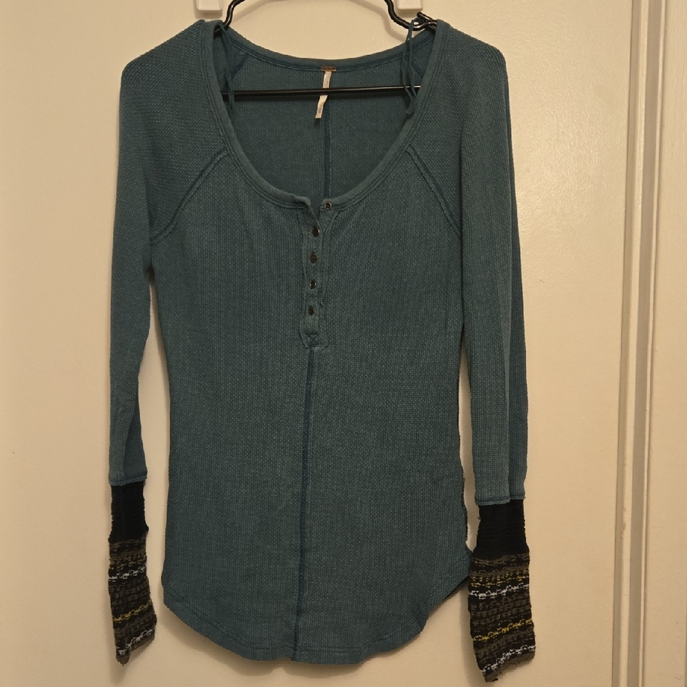 Free People Teal Long Sleeve Top with Patterned Cuffs